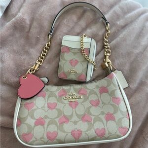 coach heart print teri bag, wallet, and charm